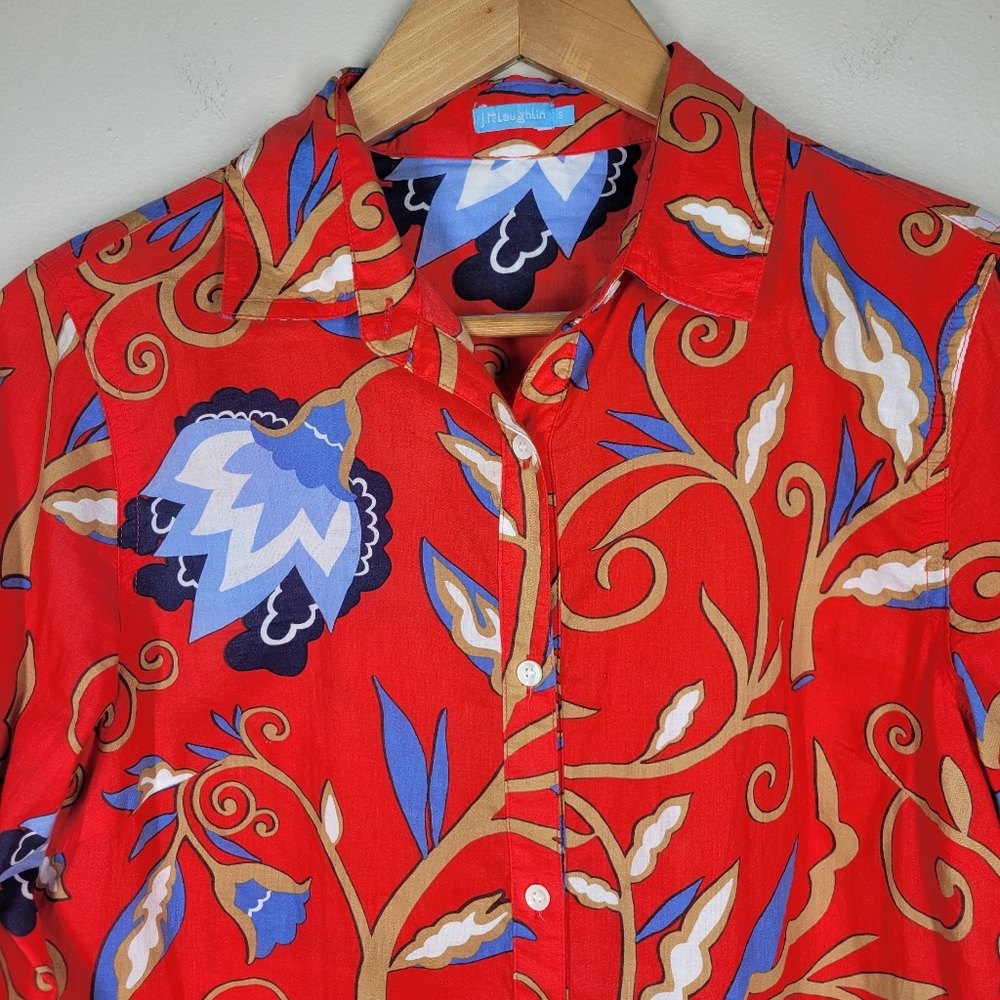 J. McLaughlin Red Blue Floral Lois Button Up Top Long Sleeve Cotton Small - Picture 2 of 9